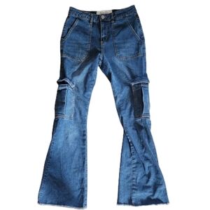 Indigo Rein Vintage 26 Denim Bell Bottom Raw Edge Pocket Jeans‎